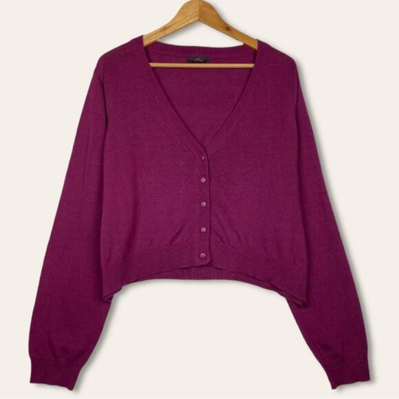 Ellos Slouchy V neck Burgundy Knit Oversized Boy Cozy Cropped Cardigan Sweater - Picture 1 of 7